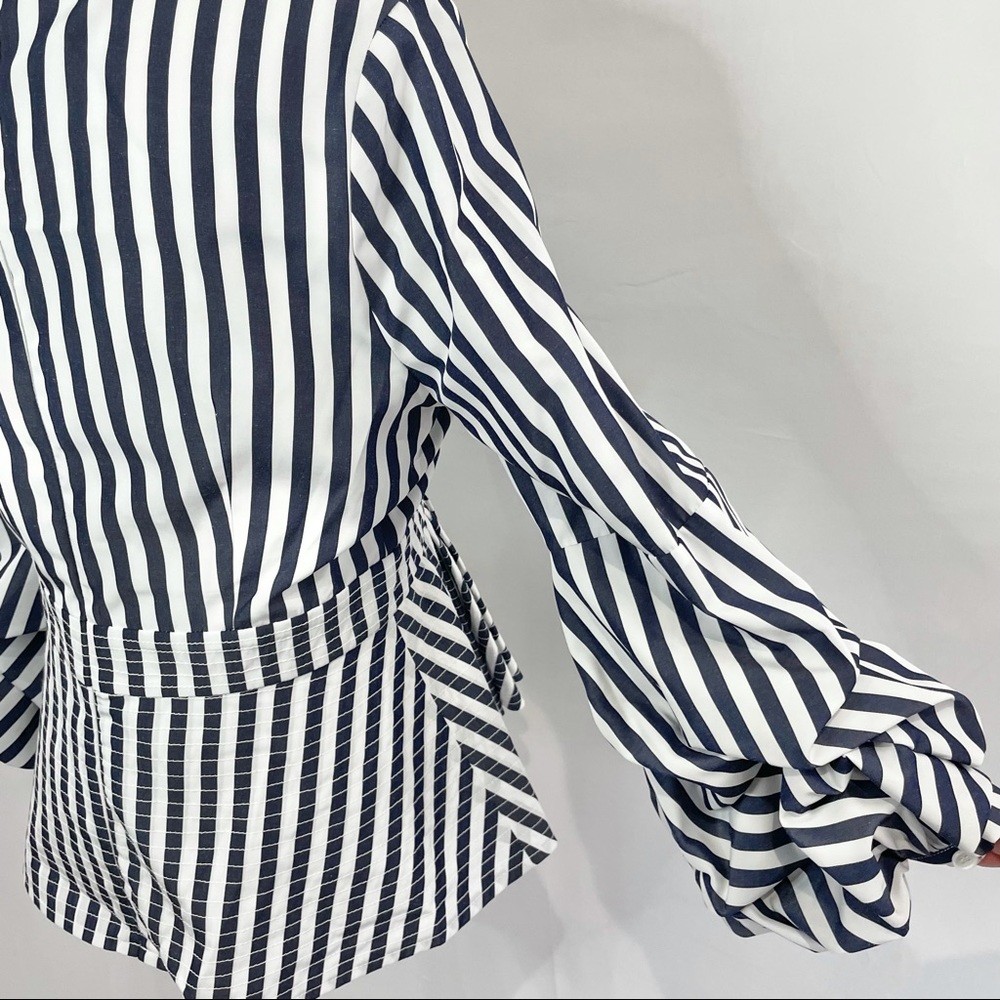 New Central Park West Balloon Sleeve Layered Peplum Striped Cotton Shirt - Picture 10 of 16